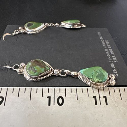 Navajo Green Royston Turquoise Dangle Earrings | Sterling Silver | Authentic Native American Handmade | 17139