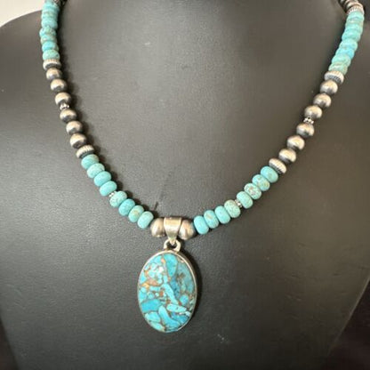 Navajo Blue Mojave Turquoise Pendant | Sterling Silver Pearl Necklace | Authentic Native American Handmade | 17079