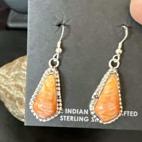 Navajo Orange Spiny Oyster Dangle Earrings | Sterling Silver | Authentic Native American Handmade | 17264