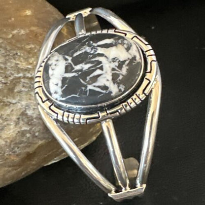 White Buffalo Turquoise Cuff Bracelet | Navajo Sterling Silver | Authentic Native American Handmade | 16250