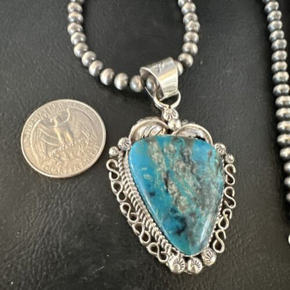 Navajo Kingman Turquoise Pendant Necklace | Sterling Silver Pearls | Authentic Native American Handmade | 15220 - Masha USA