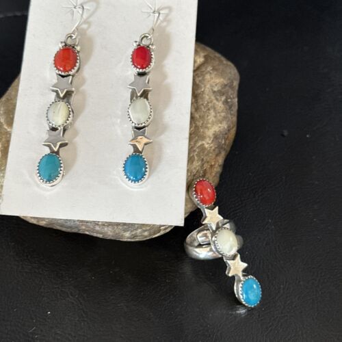 Navajo Coral Mother of Pearl Turquoise Earrings & Ring Set | Sterling Silver | Sz 7 | Authentic Native American Handmade | 15326