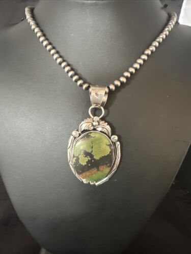 Navajo Green Turquoise Necklace | Sterling Silver | Authentic Native American Handmade | 15036