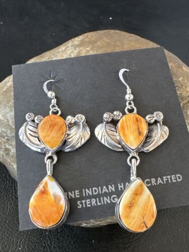 Navajo Orange Spiny Oyster Dangle Earrings | Sterling Silver | 1.5" | Authentic Native American Handmade | 16576