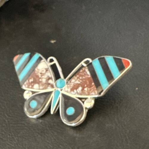 Zuni Butterfly Wild Horse Turquoise Onyx Inlay Pin Pendant | Sterling Silver | Authentic Native American Handmade | 15152