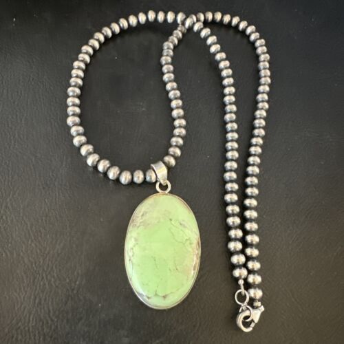 Navajo Green Gaspeite Pendant Necklace | Sterling Silver | Authentic Native American Handmade | 15490