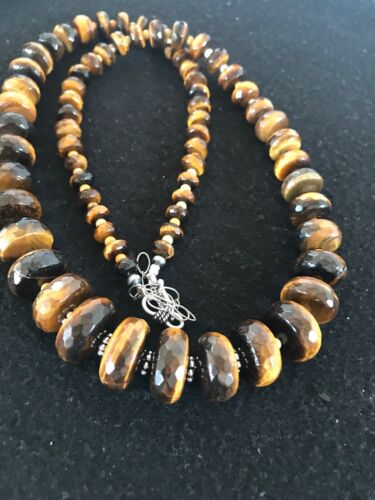 Navajo Tigers Eye & Picture Jasper Graduated Necklace | Sterling Silver | Authentic Native American | 26" | 01121