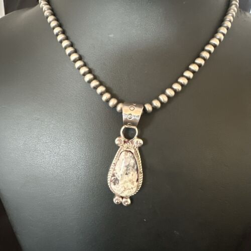 Men's White Buffalo Turquoise Pendant Necklace | Navajo Pearls | Sterling Silver | Native American Handmade | 17332