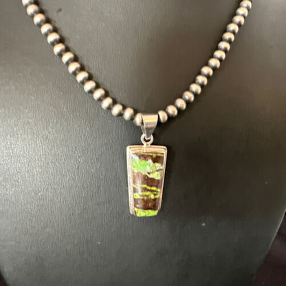 Navajo Green Gaspeite Pendant Necklace | Sterling Silver | Authentic Native American Handmade | 16361