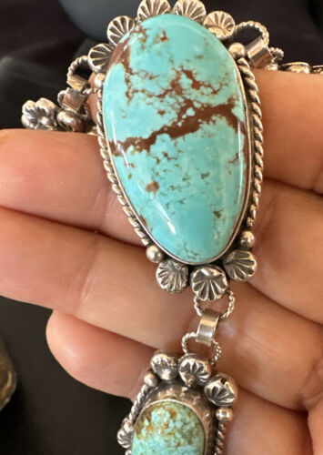 Navajo Blue Turquoise Lariat Necklace | Sterling Silver | 30" | Native American Handmade | 16488