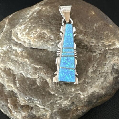 Navajo Blue Opal Inlay Pendant Necklace | Sterling Silver | Authentic Native American Handmade | 15671