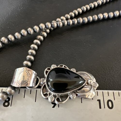 Navajo Pearls Black Onyx Necklace Pendant | Sterling Silver | Authentic Native American Handmade | 16532