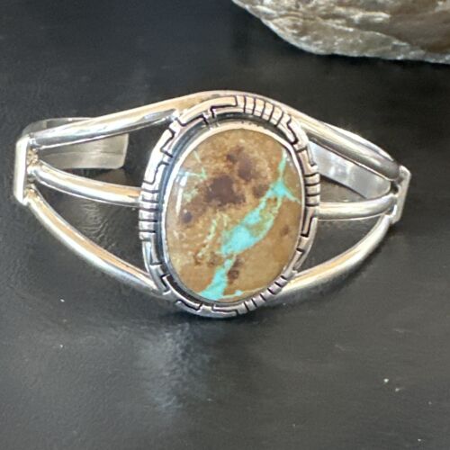Navajo Green Boulder Turquoise Cuff Bracelet | Sterling Silver | Authentic Native American Handmade | 16244