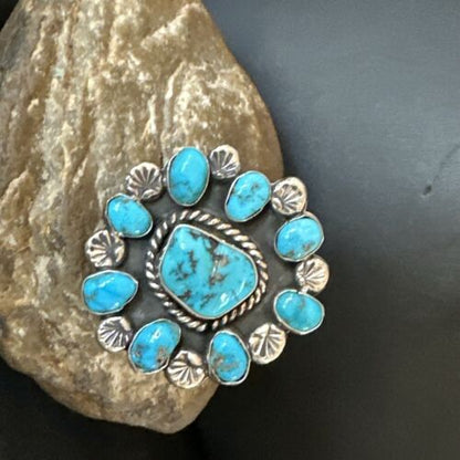 Navajo Blue Kingman Turquoise Cluster Ring | Authentic Native American Sterling Silver | Multi-Stone | Sz 10.5 | 17423