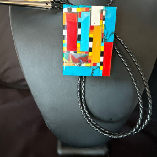 Men's Turquoise Orange Spiny Oyster Bolo Tie | Santo Domingo | Sterling Silver | 15500