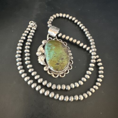Navajo Green Turquoise Pendant Necklace | Sterling Silver | Authentic Native American Handmade | 15040