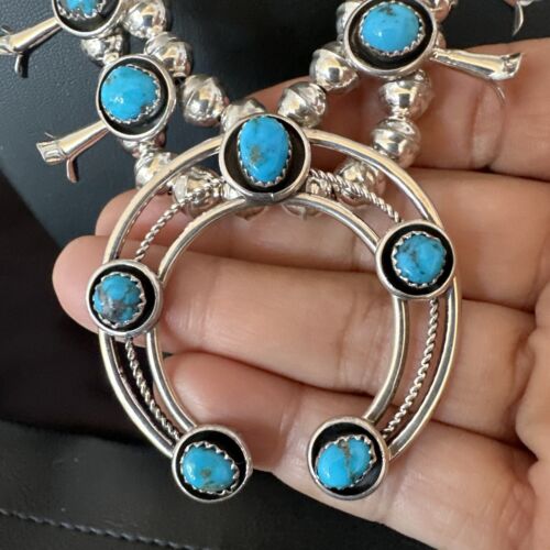 Navajo Kingman Turquoise Shadowbox Squash Blossom Necklace | Sterling Silver | Authentic Native American Handmade | 16091