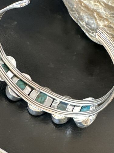 Women's Blue Turquoise 5-Stone Cuff Bracelet | Navajo Sterling Silver | Authentic Native American Jewelry | 16165
