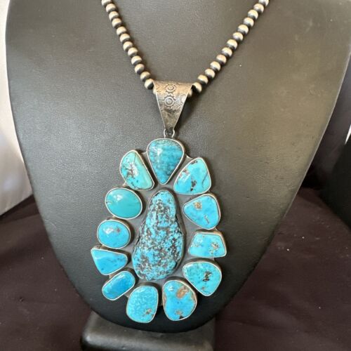 Navajo Blue Kingman Turquoise Cluster Pendant Necklace | Sterling Silver | Authentic Native American Handmade | 16795