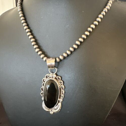 Men's Navajo Pearls Black Onyx Necklace Pendant | Sterling Silver | Authentic Native American Handmade | 16534 - Masha USA