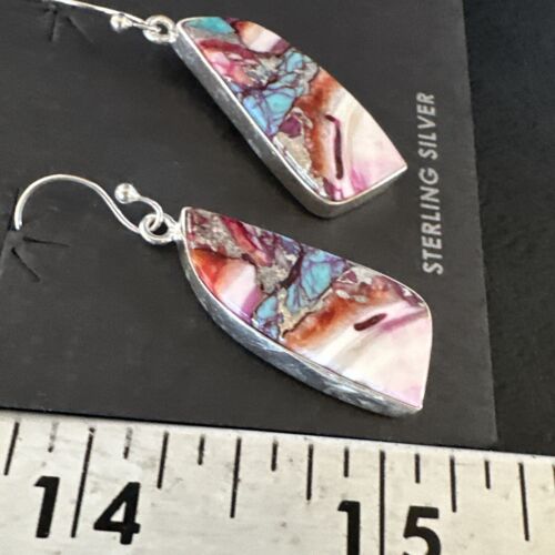 Navajo Blue Turquoise Purple Spiny Oyster Inlay Dangle Earrings | Sterling Silver | 15566