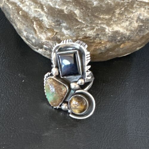 Navajo Blue Turquoise, Onyx, Tigers Eye Multi-Stone Cluster Ring | Authentic Native American Sterling Silver | Sz 10 | 14842