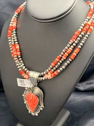 Navajo Spiny Oyster Feather Pendant | 3-Strand Sterling Silver Necklace with Pearls | Native American Handmade | 04130