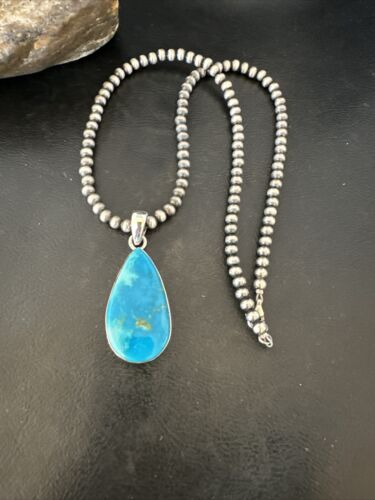 Navajo Blue Kingman Turquoise Pendant Necklace | Sterling Silver | 20" | Authentic Native American Handmade | 17000