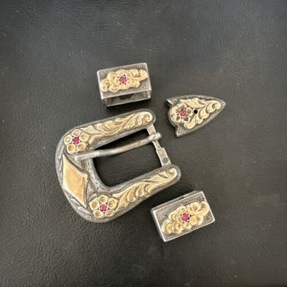 14k Gold Rubies Ranger Belt Buckle | Sterling Silver | Navajo Handmade | 16968