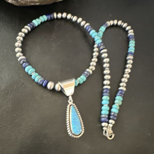 Navajo Opal Inlay Pendant with Turquoise & Lapis | Sterling Silver Necklace | Authentic Native American Handmade | 16849