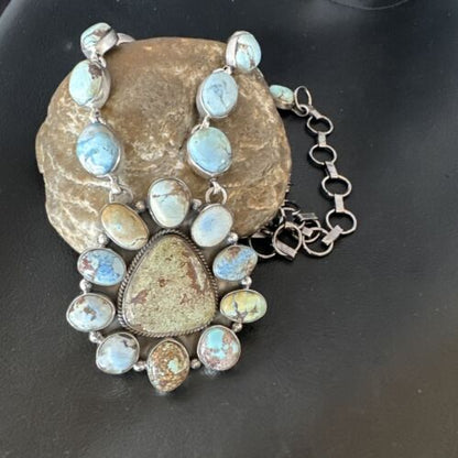 Navajo Blue Golden Hills Turquoise Lariat Necklace Pendant | Authentic Native American Handmade | 16184