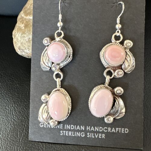 Navajo Pink Conch Shell Cluster Earrings | Sterling Silver | Authentic Native American Handmade | 15688