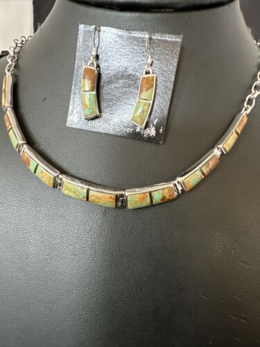 Navajo Choker Necklace with Blue #8 Turquoise Inlay | Sterling Silver Earrings Set | Authentic Native American Handmade | 16266
