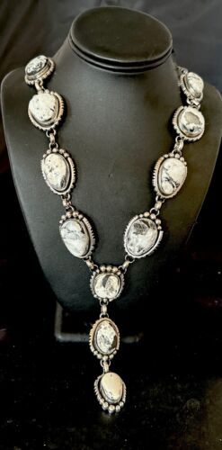 Navajo White Buffalo Turquoise Lariat Necklace | Sterling Silver | Authentic Native American Handmade | 17444