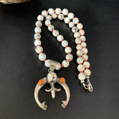 Navajo White Buffalo Turquoise Spiny Oyster Naja Pendant | Sterling Silver | Authentic Native American Handmade | 13648
