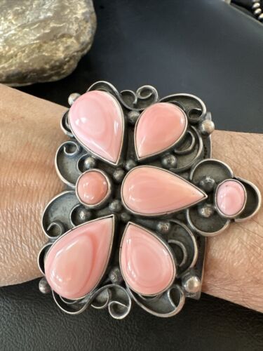 Navajo Butterfly Pink Conch Cuff Bracelet | Sterling Silver | Authentic Native American Handmade
