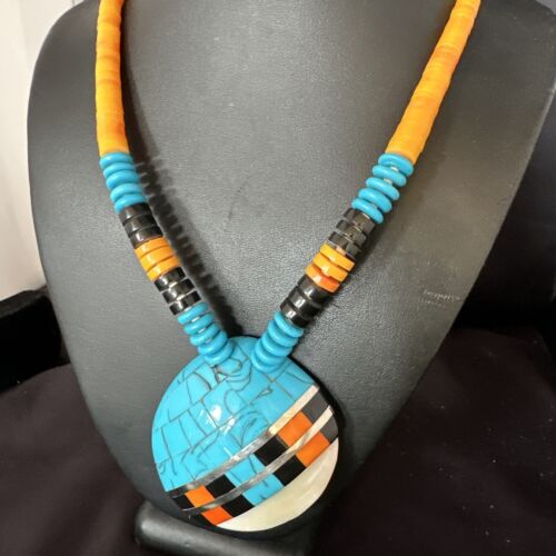 Santo Domingo Shell Turquoise Spiny Inlay Necklace | Sterling Silver | 22" | Authentic Native American Handmade | 15321
