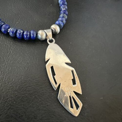 Navajo Blue Denim Lapis Feather Pendant Necklace | Sterling Silver Inlay | Authentic Native American Handmade | 16767