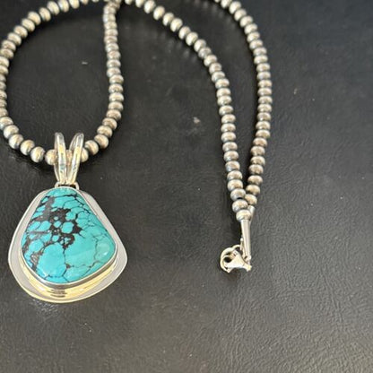 Men's Blue Spiderweb Turquoise Pendant Necklace | Navajo Sterling Silver | Authentic Native American Handmade | 14972