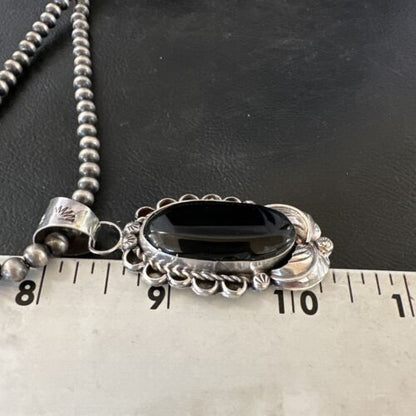 Men's Navajo Pearls Black Onyx Necklace Pendant | Sterling Silver | Authentic Native American Handmade | 16534 - Masha USA