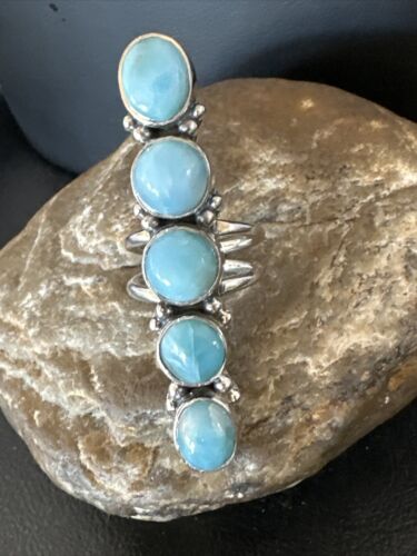 Navajo Women's Cluster Blue Larimar Ring | Authentic Native American Sterling Silver | Multi-Stone | Sz 7 | 15945