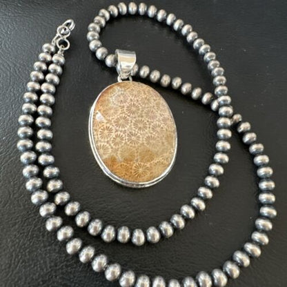 Navajo Champagne Fossil Coral Pendant Necklace | Sterling Silver Beads | Authentic Native American Handmade | 16370