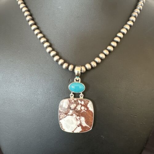 Men's Wild Horse Blue Kingman Turquoise Necklace | Sterling Silver SW Pendant | Multi-Stone | 17324