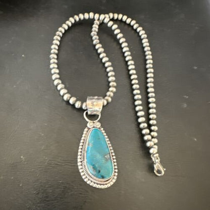 Navajo Pearls Kingman Turquoise Pendant Necklace | Sterling Silver | Authentic Native American Handmade | 17129
