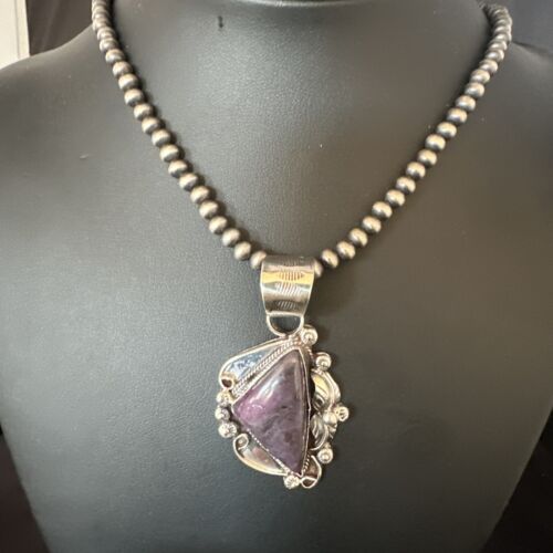 Navajo Purple Sugilite Pendant with Pearls | Sterling Silver Bead Necklace | Authentic Native American Handmade | 15412