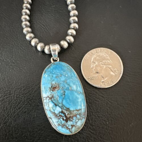 Navajo Blue Spiderweb Turquoise Pendant Necklace | Sterling Silver | Authentic Native American Handmade | 17023