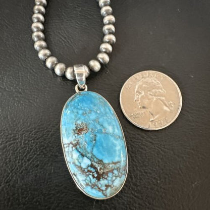 Navajo Blue Spiderweb Turquoise Pendant Necklace | Sterling Silver | Authentic Native American Handmade | 17023