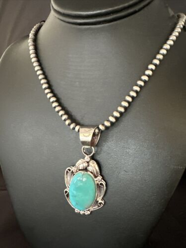 Navajo Pearls Blue Turquoise Necklace Pendant | Sterling Silver | Authentic Native American Handmade | 14878