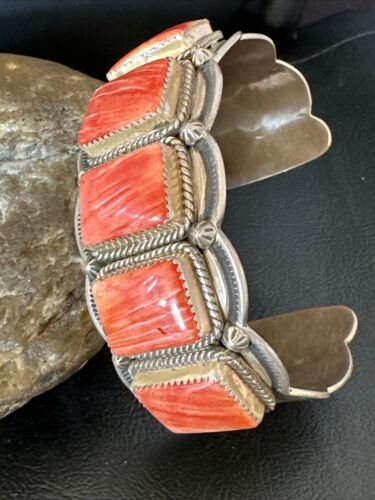 Navajo Spiny Oyster 5 Stone Cuff Bracelet | Sterling Silver | Authentic Native American Handmade | 15862