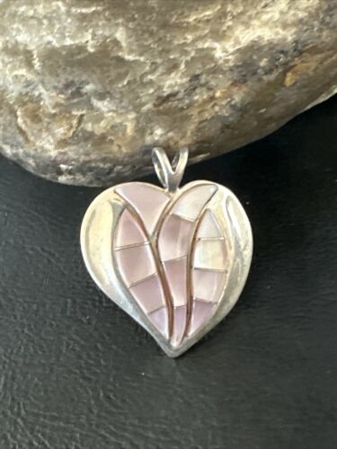 Navajo Pink Mother of Pearl Heart Pendant Necklace | Sterling Silver | Authentic Native American Handmade | 15193
